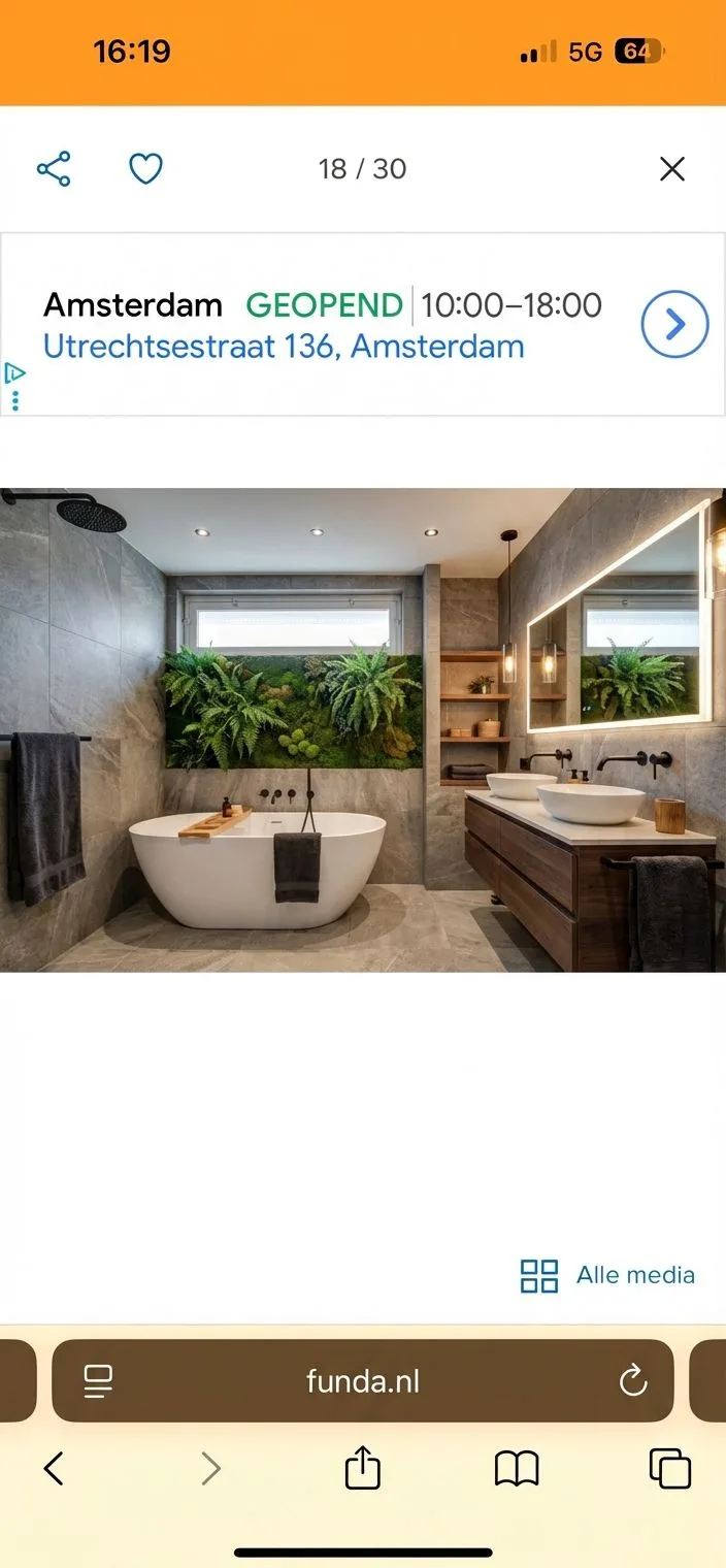 Modern bathroom with grey porcelain tile, freestanding white tub, living green wall, walnut double vanity, vessel sinks, backlit mirrors, photorealistic interior design photography, 8k