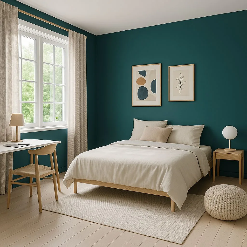 Scandinavian bedroom with teal walls, light wood bed frame, linen bedding, woven area rug, minimalist artwork, globe lamp, photorealistic interior design photography, 8k