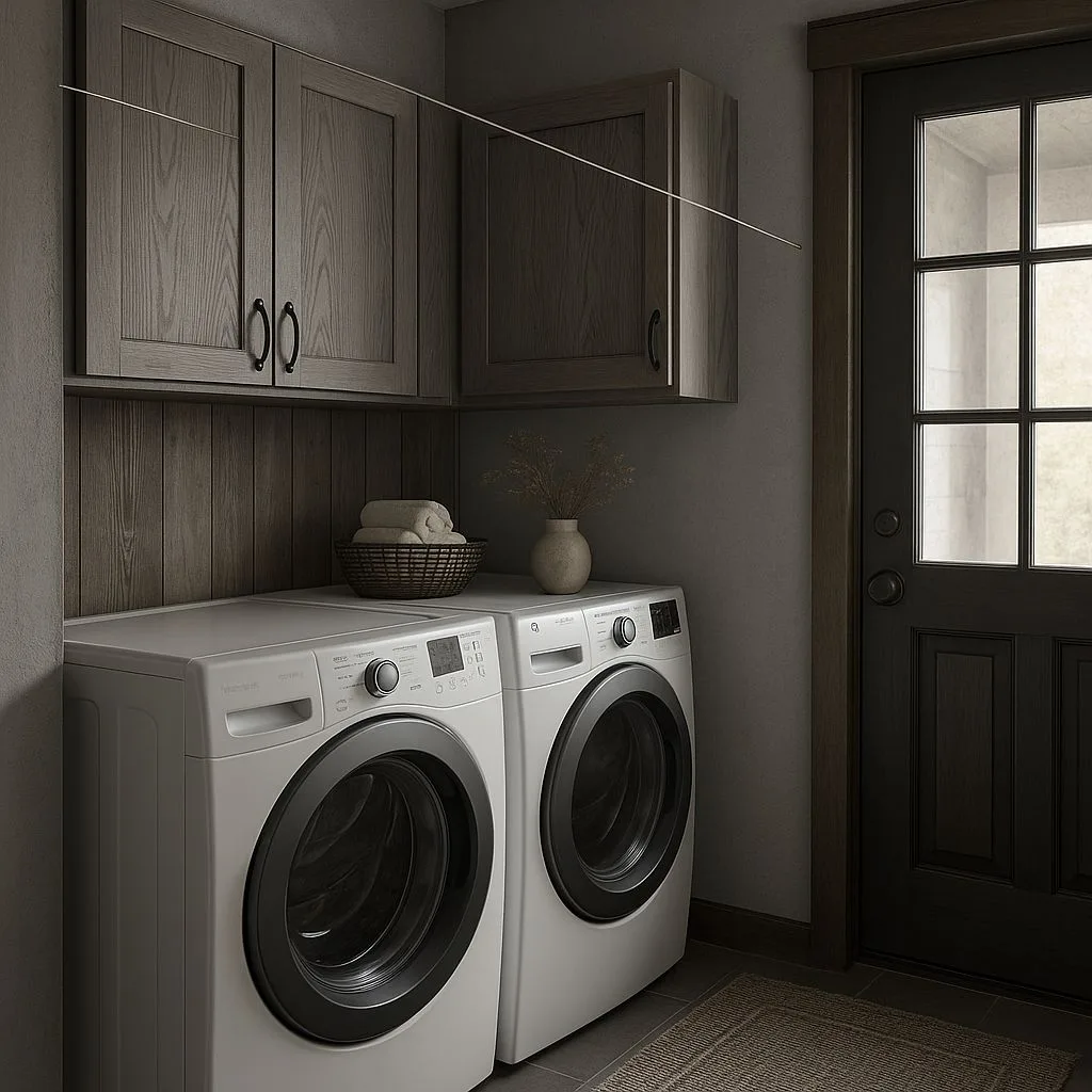 Transitional laundry room with gray wood cabinets, black hardware, white front load washer, vertical wood paneling, jute rug, photorealistic interior design photography, 8k