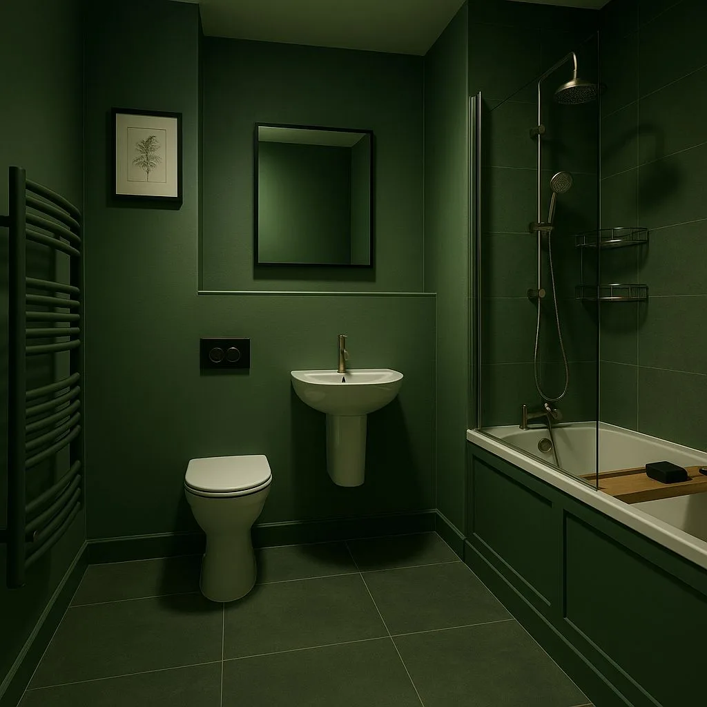 Contemporary bathroom with dark green tile, pedestal sink, black framed mirror, glass shower screen, brass fixtures, photorealistic interior design photography, 8k