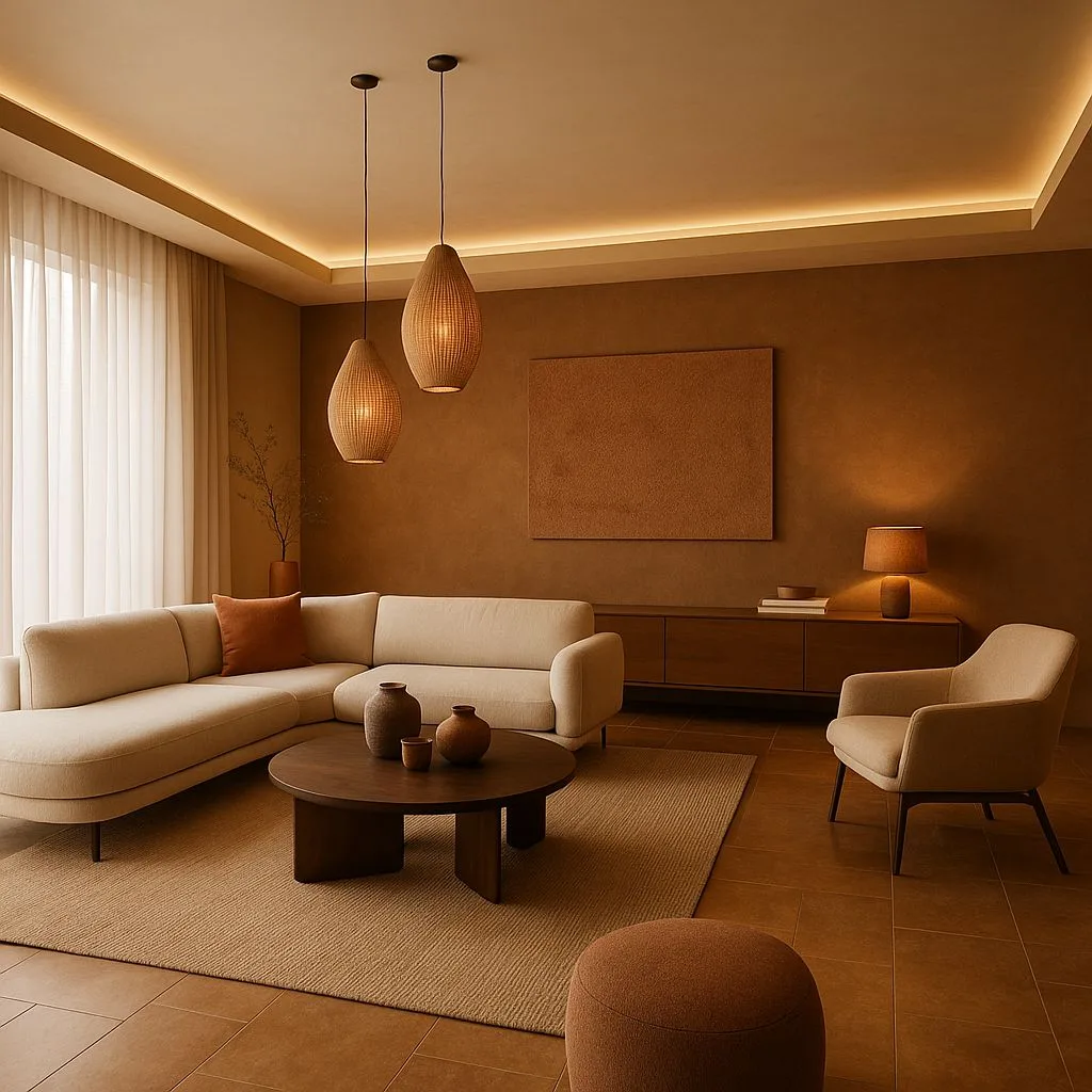 Minimalist living room with terracotta walls, cream linen sectional, woven pendant lights, dark wood coffee table, jute rug, photorealistic interior design photography, 8k