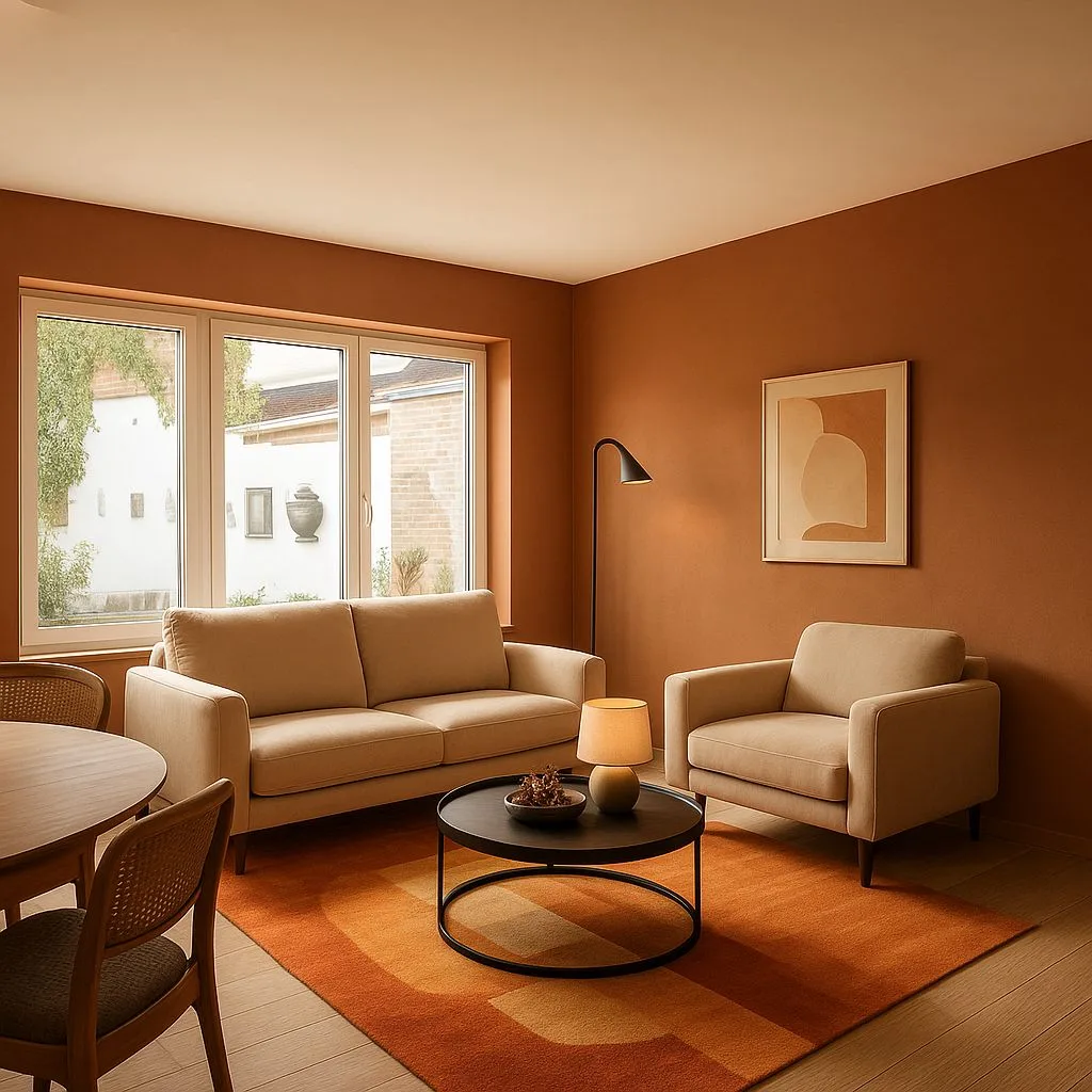 Mid-century modern living room with terracotta walls, beige linen sofa, black floor lamp, round wood table, retro rug, photorealistic interior design photography, 8k