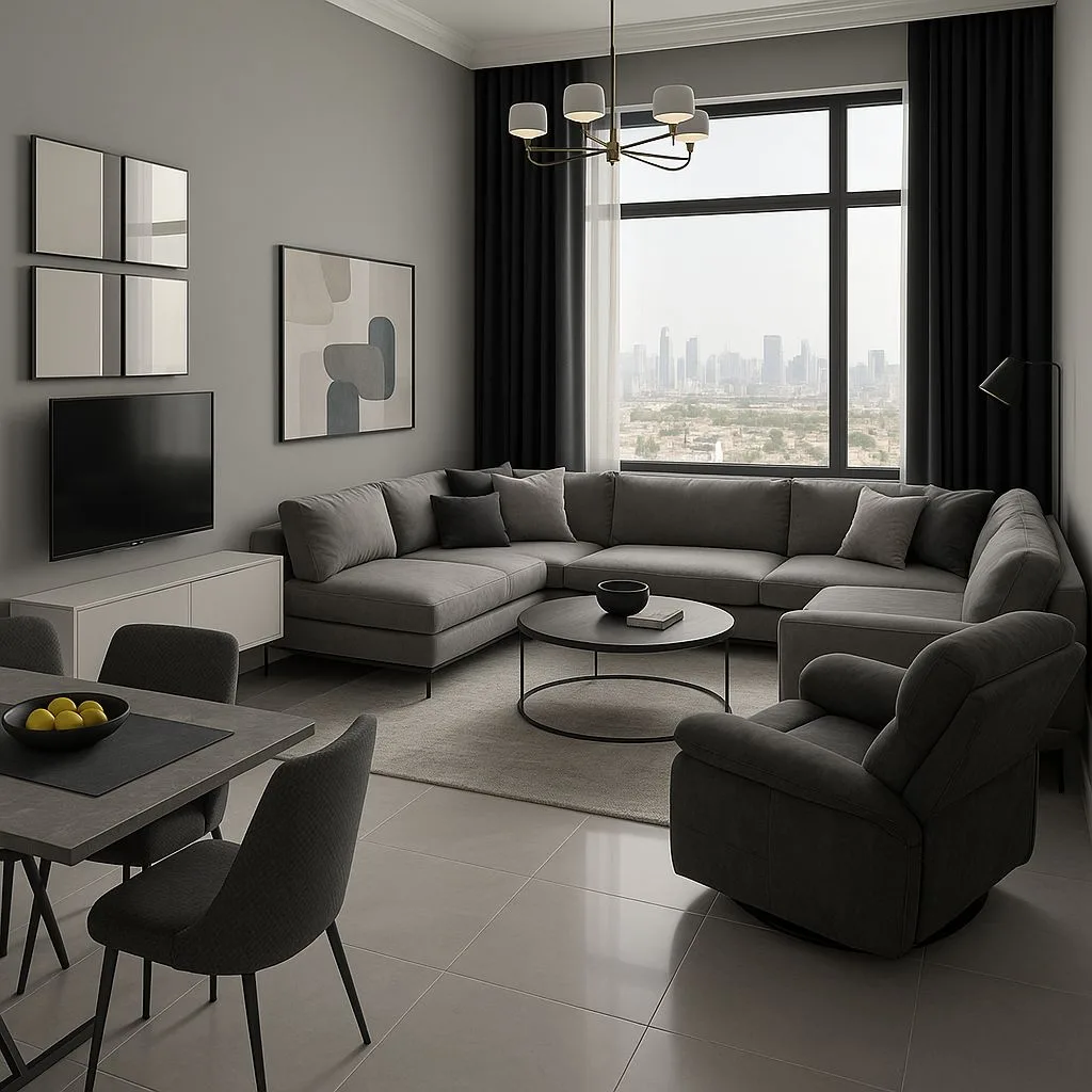 Modern grey living room with large sectional sofa, round coffee table, black curtains, grey tiled floor, modern chandelier, photorealistic interior design photography, 8k
