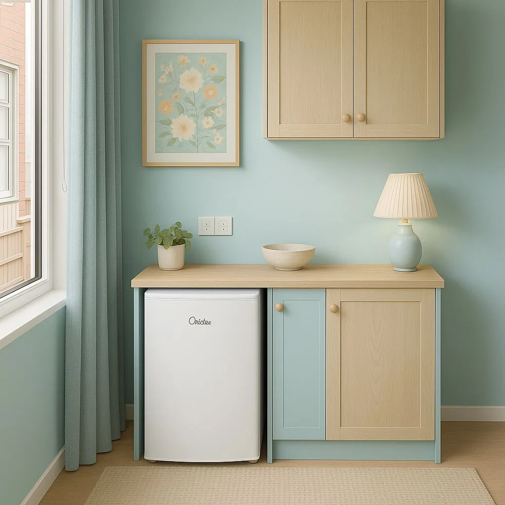 Scandinavian kitchenette with pale blue walls, natural wood cabinets, white mini fridge, ceramic lamp, light wood countertop, photorealistic interior design photography, 8k