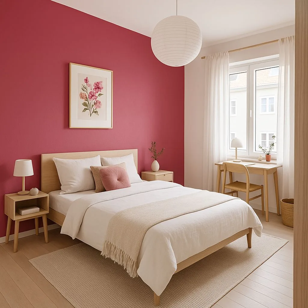 Scandinavian bedroom with raspberry accent wall, light wood platform bed, white linen duvet, paper lantern, natural fiber rug, photorealistic interior design photography, 8k