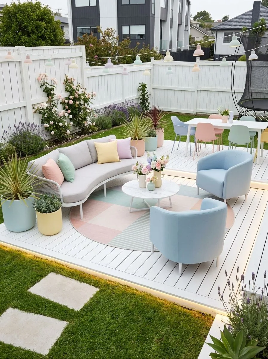 Modern colorful patio with white deck, curved grey sofa, pastel pillows, blue armchairs, round marble table, pastel string lights, photorealistic interior design photography, 8k