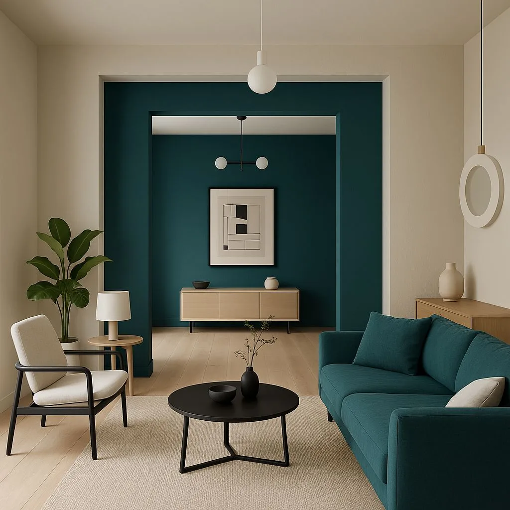 Modern living room with teal accent wall, light wood flooring, beige sofa, black coffee table, minimalist art, globe pendant, photorealistic interior design photography, 8k