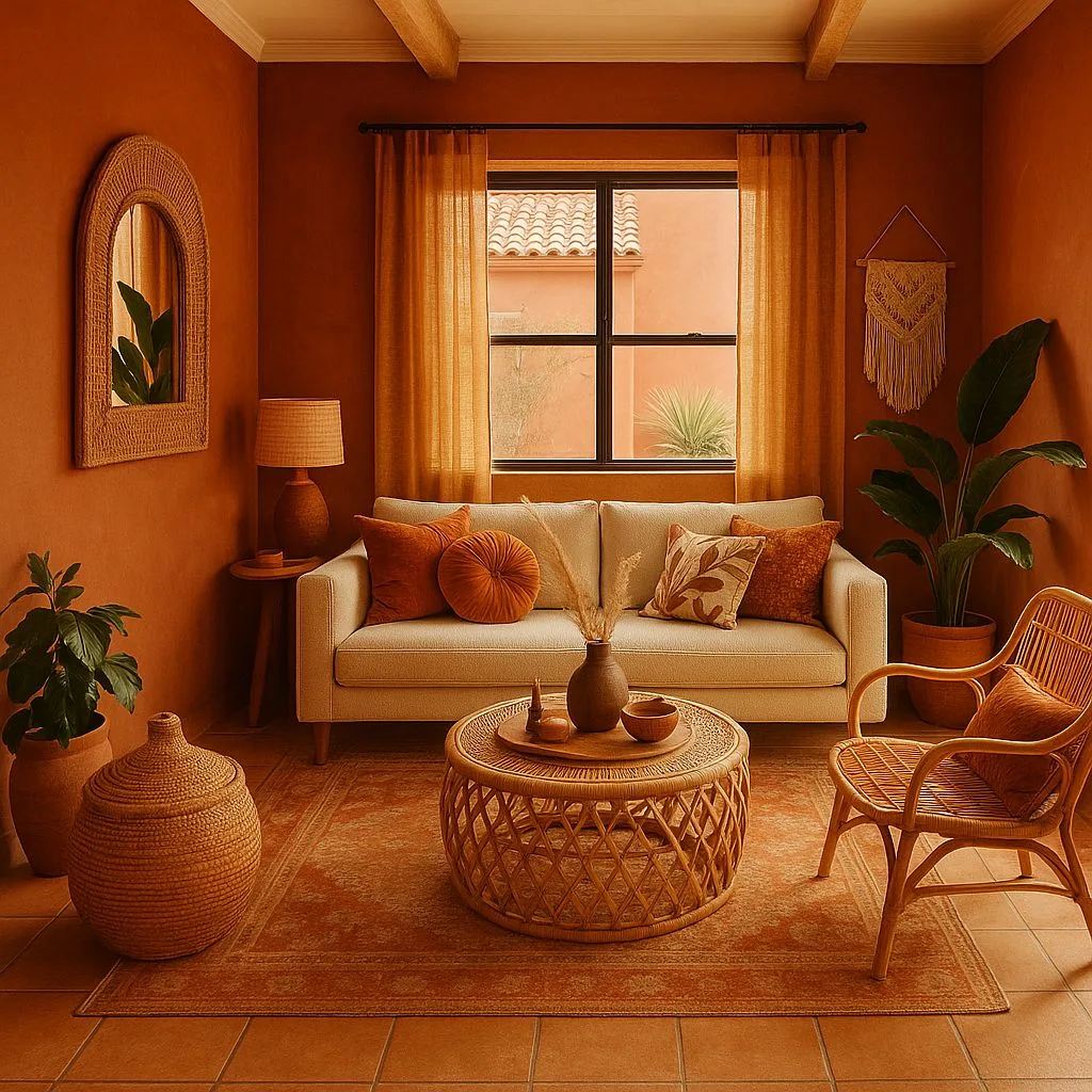 Bohemian living room with terracotta walls, white linen sofa, rattan coffee table, woven rug, clay pots, photorealistic interior design photography, 8k