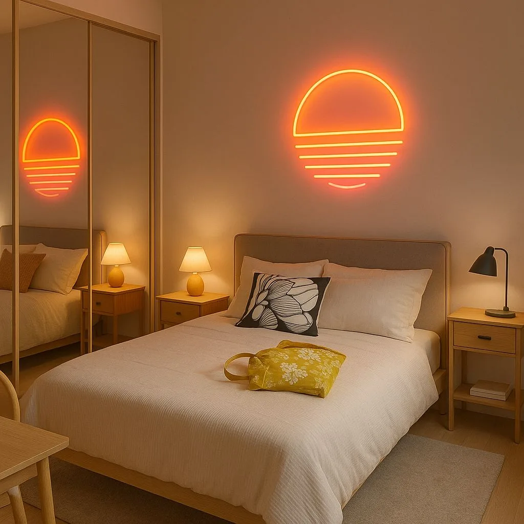 Minimalist Scandinavian bedroom with warm grey upholstered bed, white linen bedding, wood nightstands, orange neon sunset, mirrored closet, photorealistic interior design photography, 8k