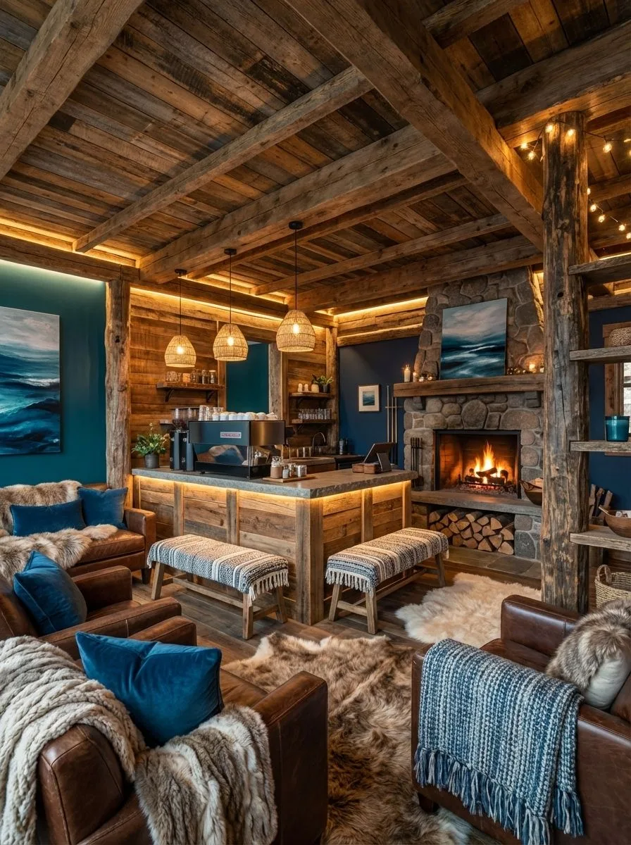 Rustic mountain lodge living room with exposed wood beams, stone fireplace, leather armchairs, teal accent walls, woven pendants, photorealistic interior design photography, 8k