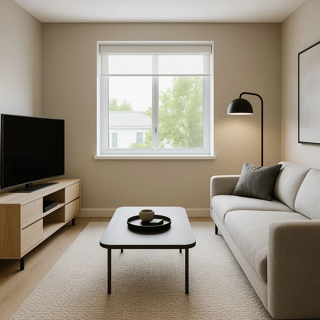 Neutral modern living room with light beige walls, light wood media console, grey sofa, black coffee table, black floor lamp, photorealistic interior design photography, 8k