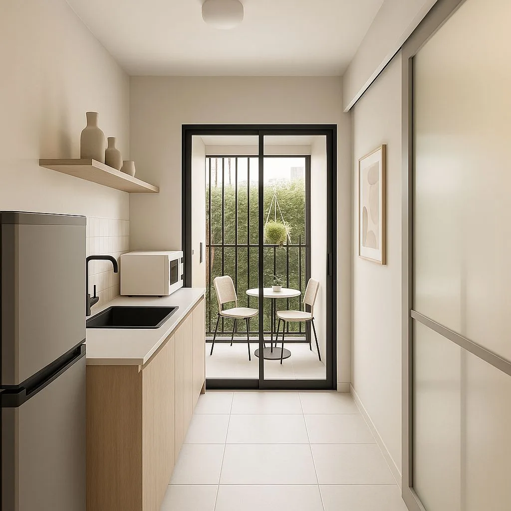Minimalist galley kitchen with light wood cabinets, white quartz countertop, black faucet, white square tiles, bistro set balcony, photorealistic interior design photography, 8k