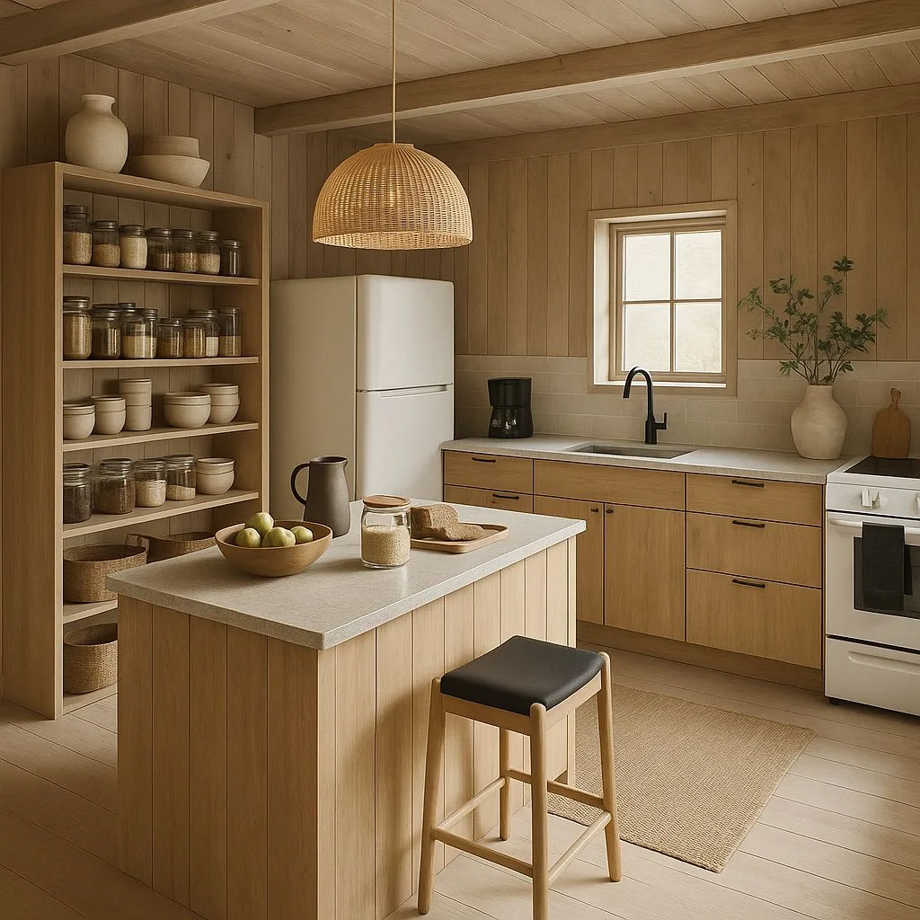 Scandinavian kitchen with light wood cabinets, white quartz countertop, woven pendant light, black faucet, open wood shelving, photorealistic interior design photography, 8k