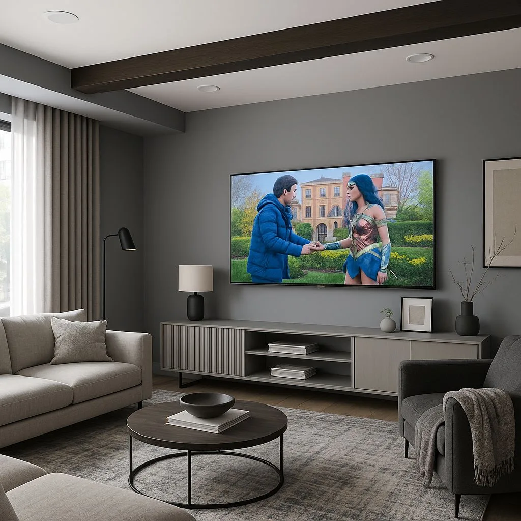 Contemporary gray living room with neutral sofa, charcoal accent chair, wood beam ceiling, gray media console, round wood coffee table, photorealistic interior design photography, 8k