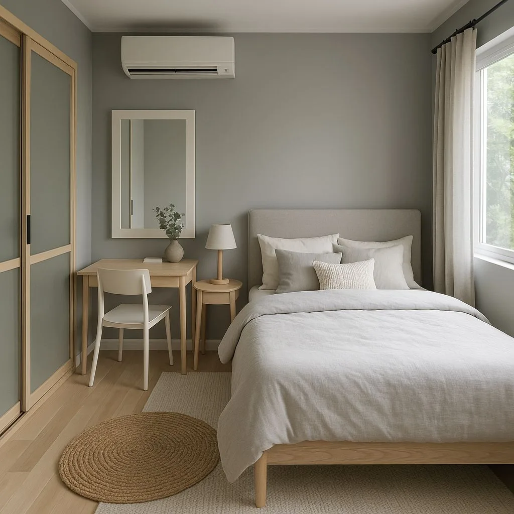 Scandinavian bedroom with sage walls, light wood bed, linen duvet, jute rug, sheer curtains, photorealistic interior design photography, 8k