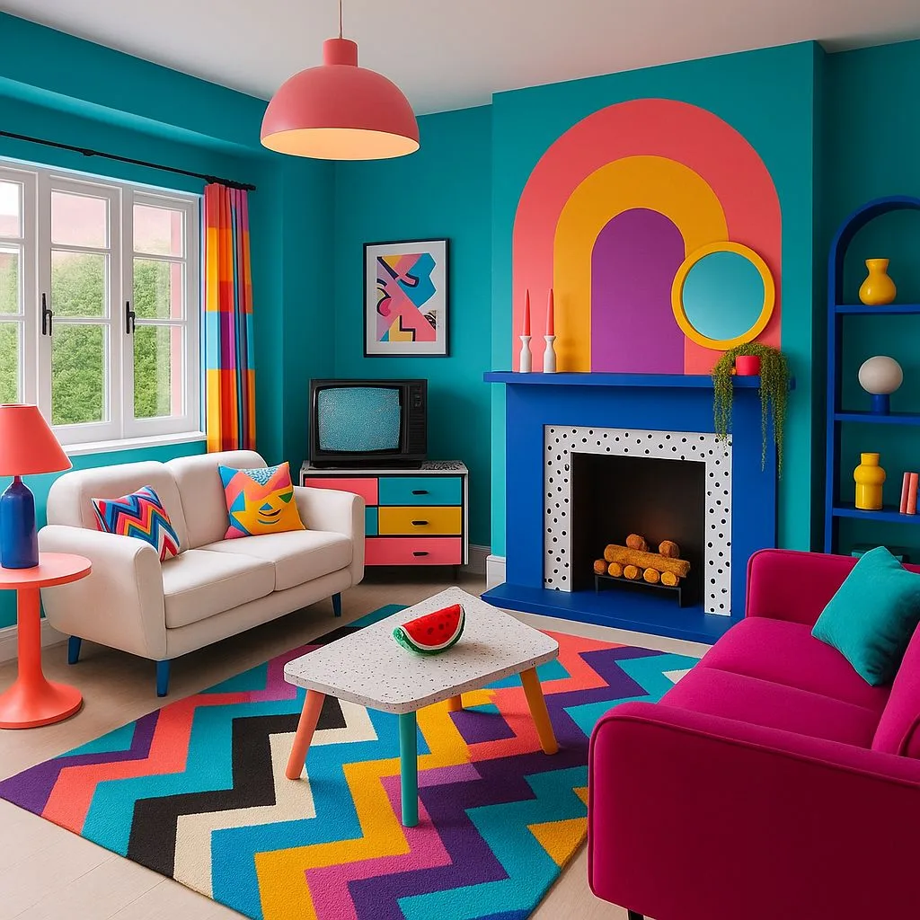 Bold eclectic living room with teal walls, rainbow arch fireplace, white sofas, colorful chevron rug, pink pendant light, photorealistic interior design photography, 8k