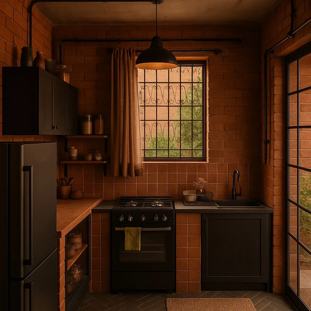 Rustic industrial kitchen with terracotta brick walls, black cabinets, dark countertops, herringbone floors, jute rug, pendant light, photorealistic interior design photography, 8k