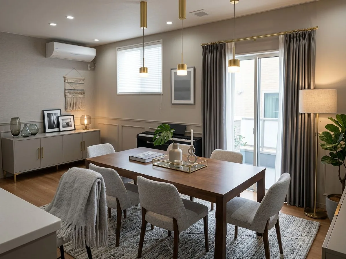 Transitional dining room with wood table, upholstered grey chairs, grey patterned rug, brass pendant lights, grey sideboard, photorealistic interior design photography, 8k