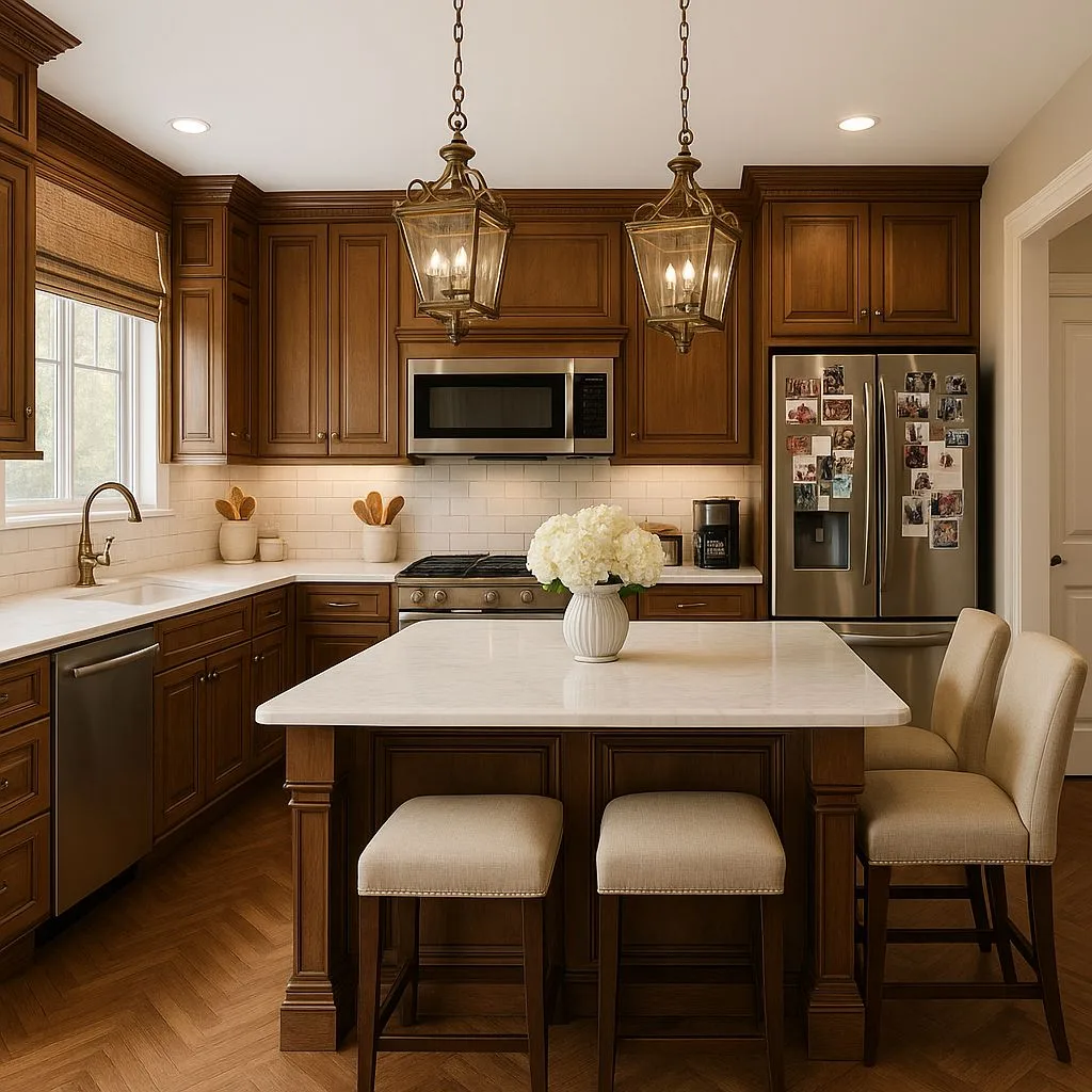 Traditional kitchen with dark wood cabinets, white marble countertops, subway tile backsplash, herringbone wood floors, lantern pendants, photorealistic interior design photography, 8k