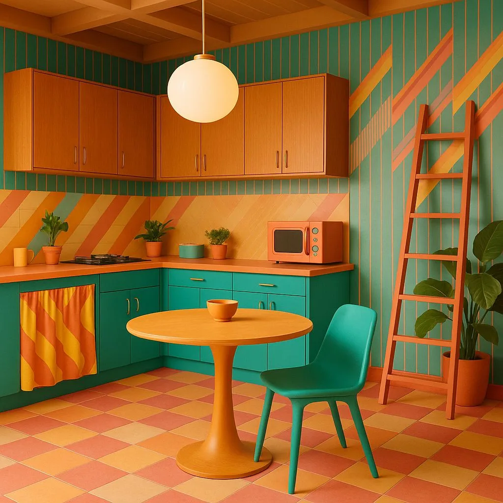 Retro eclectic kitchen with teal cabinets, orange countertops, wood cabinets, checkered tile floor, globe pendant, striped wallpaper, photorealistic interior design photography, 8k