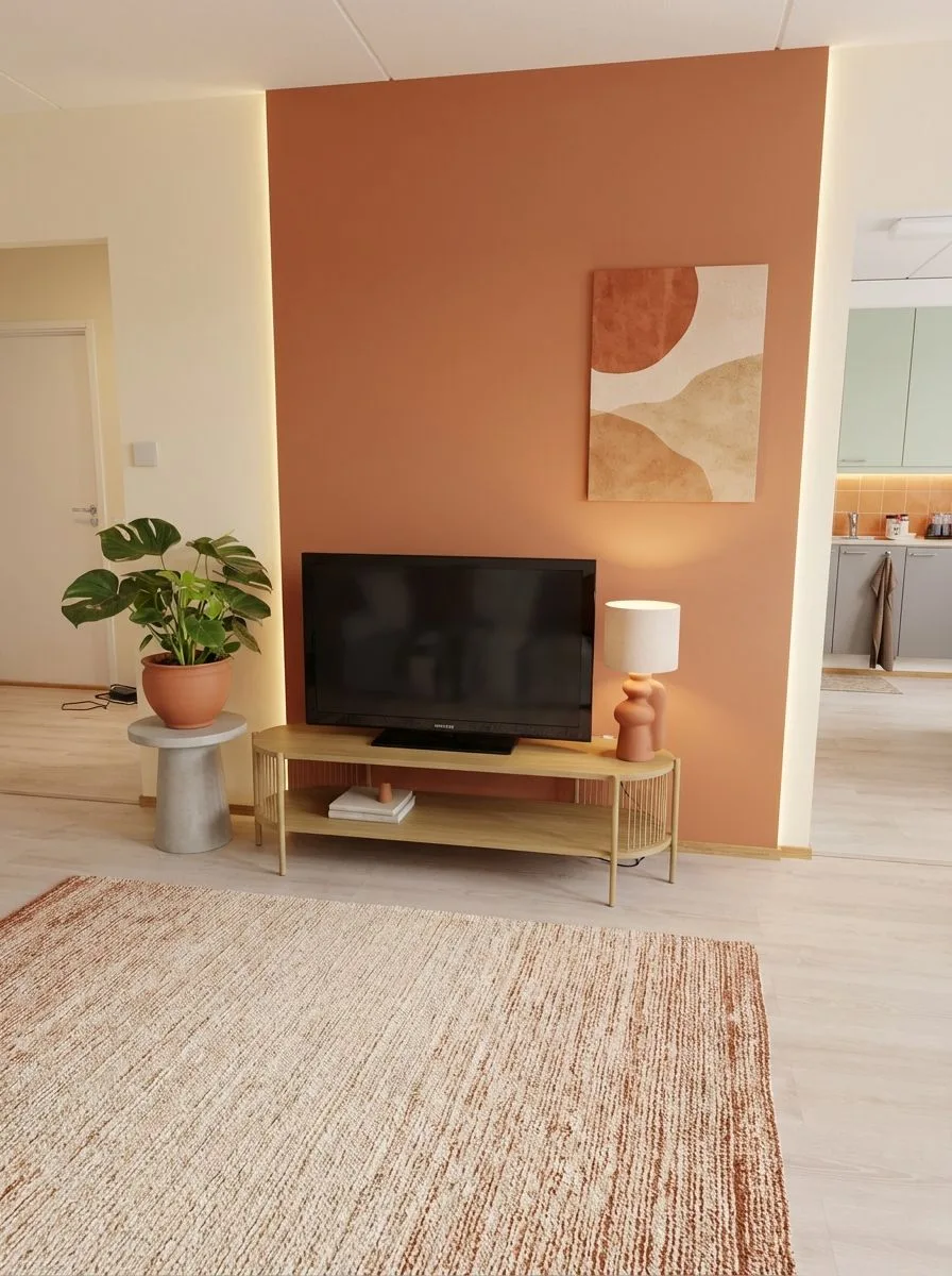 Minimalist living room with terracotta accent wall, light wood tv stand, woven jute rug, monstera plant, concrete side table, photorealistic interior design photography, 8k