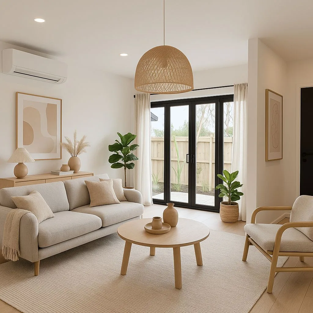 Neutral Scandinavian living room with light wood floors, beige sofa, round coffee table, woven pendant light, black framed glass doors, photorealistic interior design photography, 8k