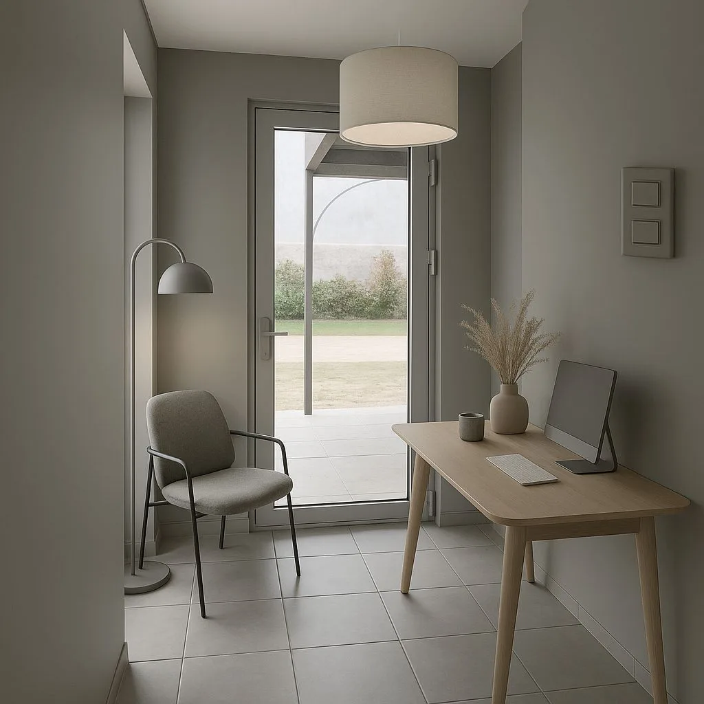 Minimalist home office with light wood desk, grey upholstered chair, ceramic tile floor, floor lamp, pampas grass, photorealistic interior design photography, 8k