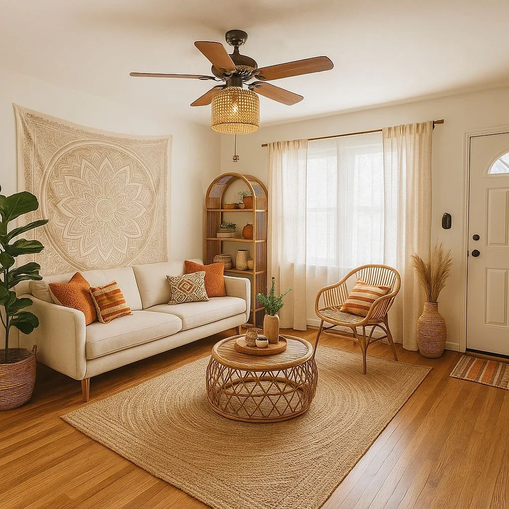 Bohemian living room with jute rug, rattan coffee table, cream sofa, terracotta pillows, rattan bookshelf, photorealistic interior design photography, 8k