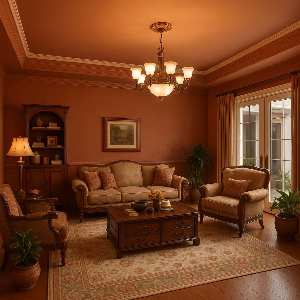 Traditional living room with terracotta walls, wood floors, beige sofa, dark wood coffee table, patterned rug, chandelier lighting, photorealistic interior design photography, 8k