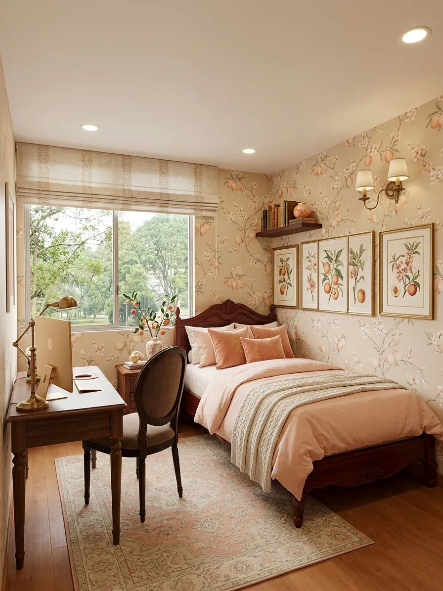 Traditional bedroom with peach floral wallpaper, dark wood bed, pink linen bedding, botanical art prints, brass sconces, photorealistic interior design photography, 8k