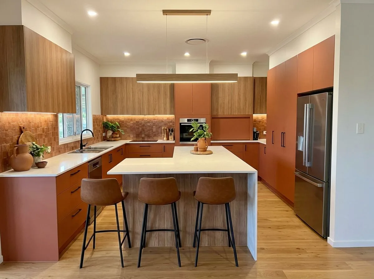 Modern terracotta kitchen with flat panel cabinets, white quartz countertops, light wood floors, leather counter stools, linear pendant, photorealistic interior design photography, 8k
