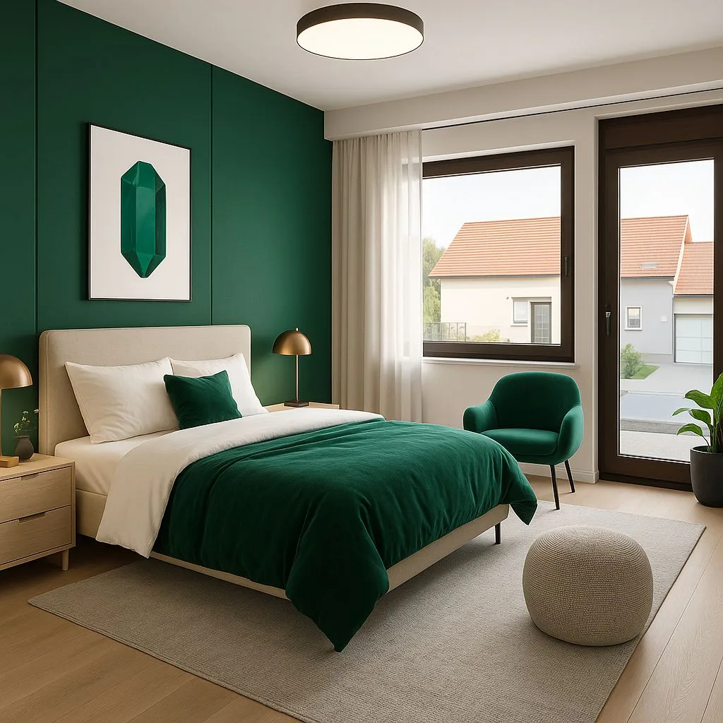 Modern bedroom with emerald green accent wall, light wood nightstands, beige upholstered bed, brass lamps, light gray rug, photorealistic interior design photography, 8k