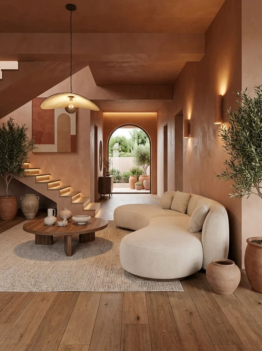 Mediterranean hallway with terracotta walls, light oak floors, curved cream sofa, round wood table, olive trees, photorealistic interior design photography, 8k