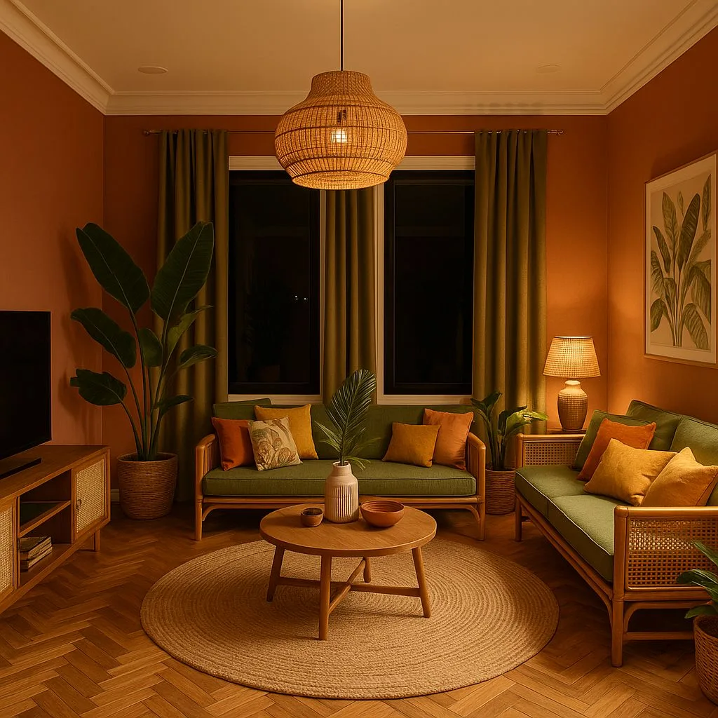 Warm terracotta living room with olive green sofas, rattan furniture, woven jute rug, herringbone wood floors, woven pendant light, photorealistic interior design photography, 8k