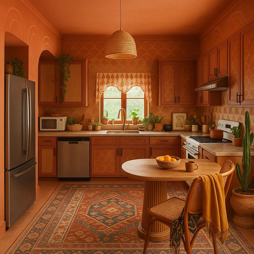 Warm terracotta kitchen with patterned walls, wood cabinets with woven rattan inserts, vintage rug, round dining table, woven pendant, photorealistic interior design photography, 8k