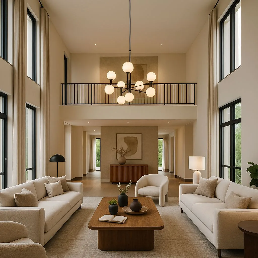Contemporary beige living room with soaring ceilings, off-white sofas, wood coffee table, globe chandelier, light wood floors, neutral artwork, photorealistic interior design photography, 8k