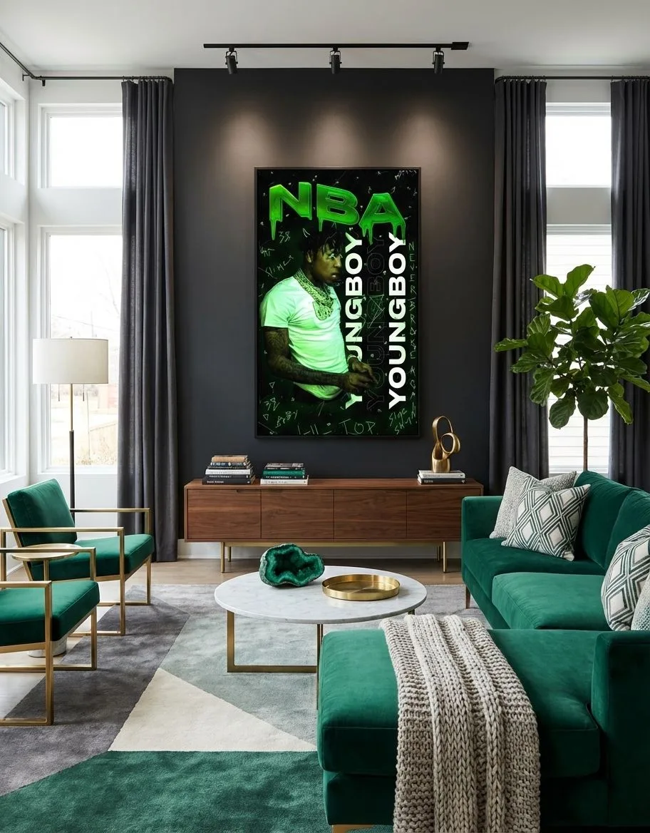 Contemporary living room with dark grey walls, emerald green velvet sofa, walnut media console, marble coffee table, brass accents, geometric rug, photorealistic interior design photography, 8k