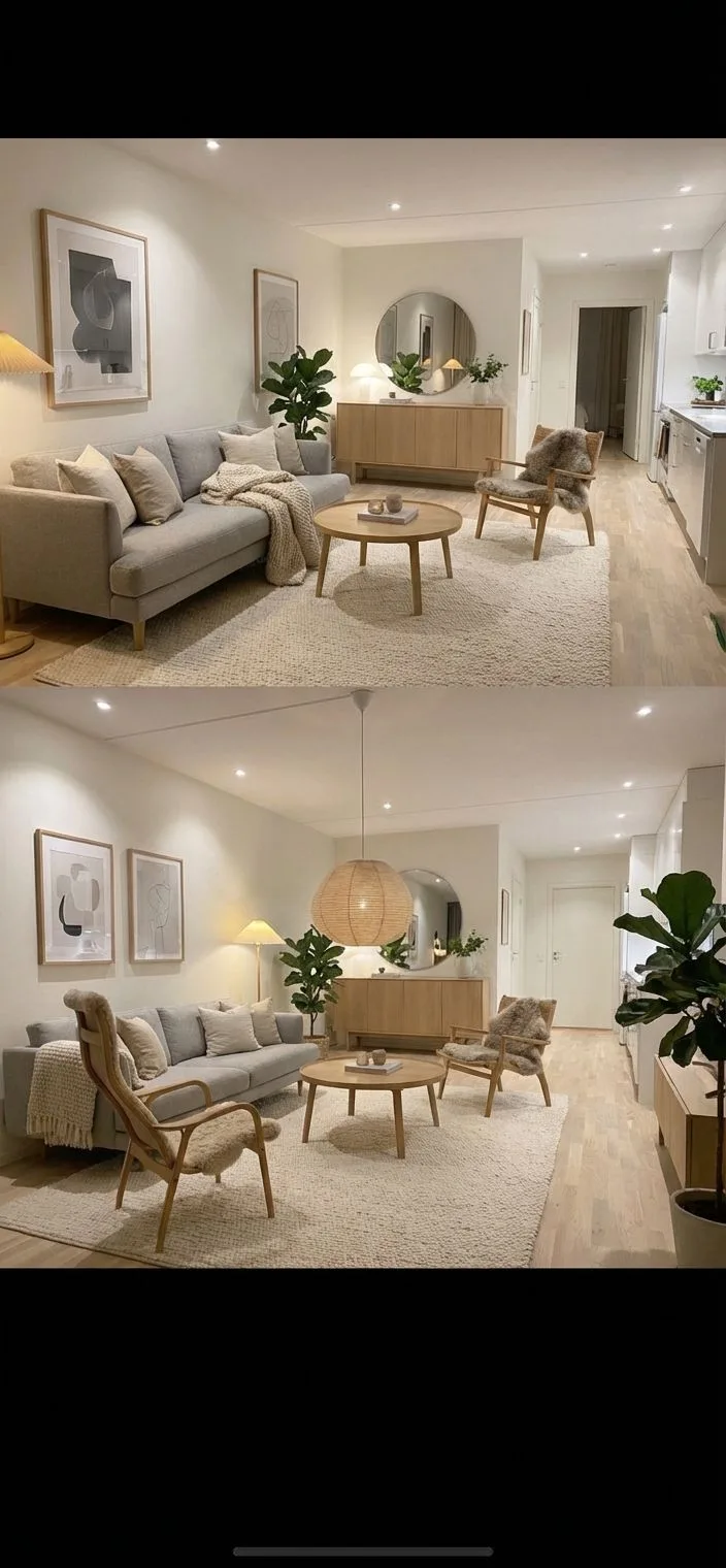Neutral Scandinavian living room with light wood floors, gray sofa, woven rug, round wood coffee table, rattan pendant, photorealistic interior design photography, 8k