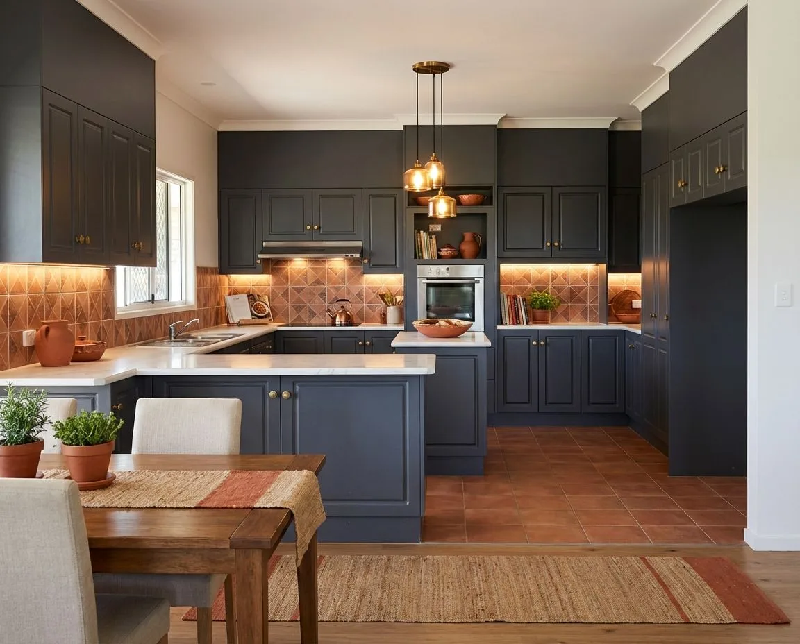Transitional kitchen with dark grey cabinets, white marble countertops, terracotta backsplash, brass hardware, warm glass pendants, terracotta tile floor, photorealistic interior design photography, 8k