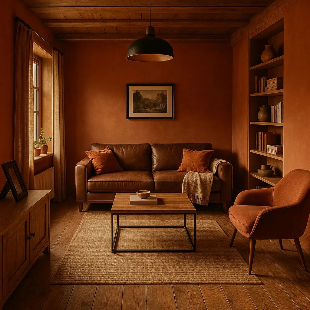 Rustic terracotta living room with brown leather sofa, wood beam ceiling, built-in bookcase, natural fiber rug, black pendant, photorealistic interior design photography, 8k