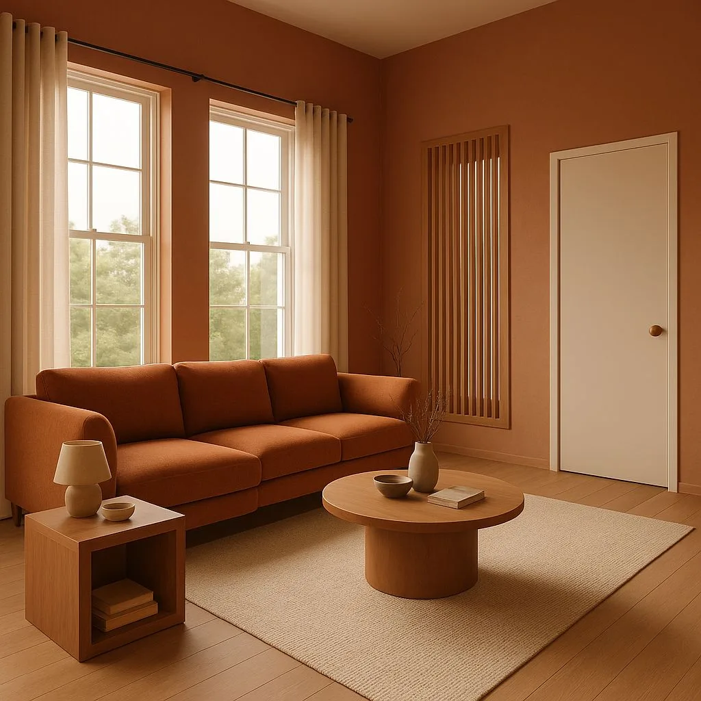 Minimalist terracotta living room with rust sofa, light wood floors, natural fiber rug, sheer curtains, wood slat accent, photorealistic interior design photography, 8k