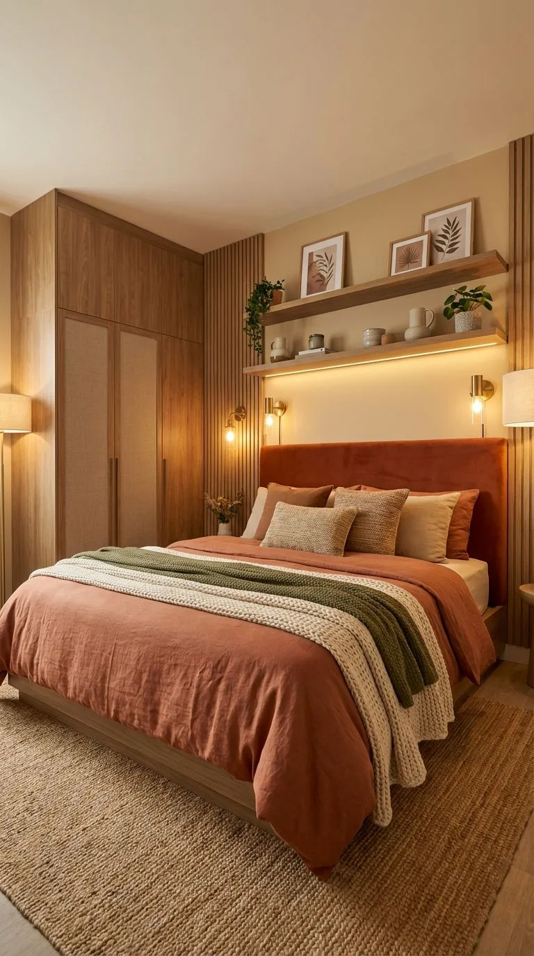 Modern terracotta bedroom with wood slat wall, floating shelves, linen bedding, jute rug, brass sconces, photorealistic interior design photography, 8k
