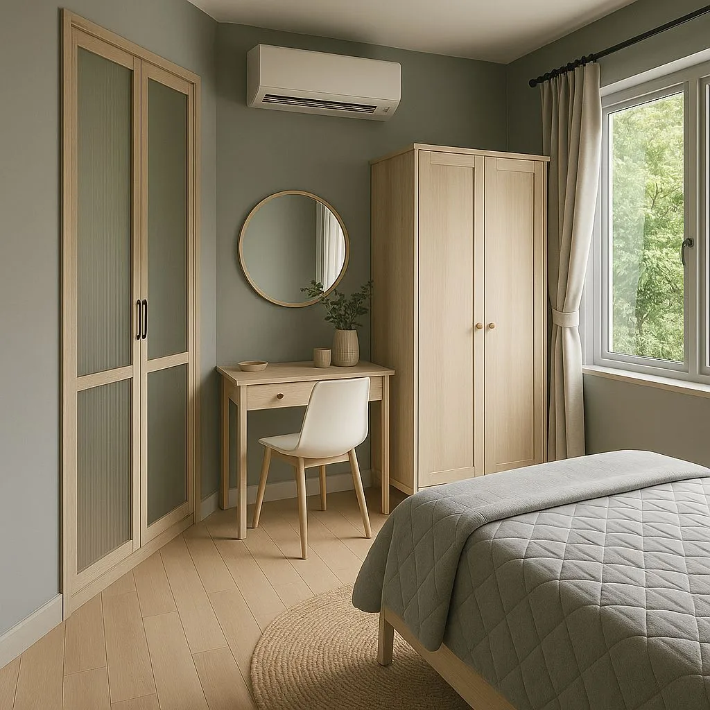 Scandinavian bedroom with sage green walls, light wood wardrobe, simple desk, round wood mirror, jute rug, photorealistic interior design photography, 8k