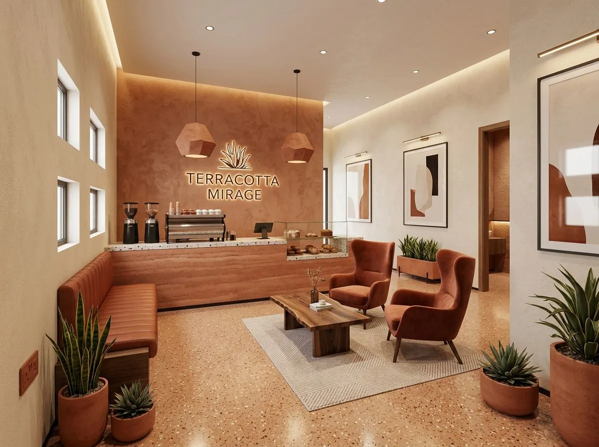 Warm modern coffee shop with terracotta walls, terrazzo floor, rust velvet armchairs, live edge table, geometric pendants, photorealistic interior design photography, 8k