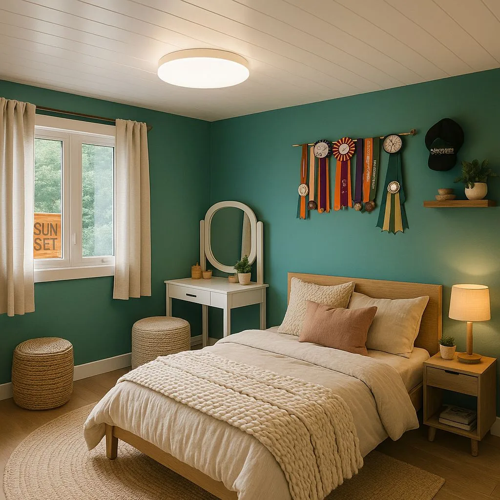 Contemporary teal bedroom with light wood bed frame, woven jute rug, white vanity, equestrian ribbons, minimalist lamp, photorealistic interior design photography, 8k