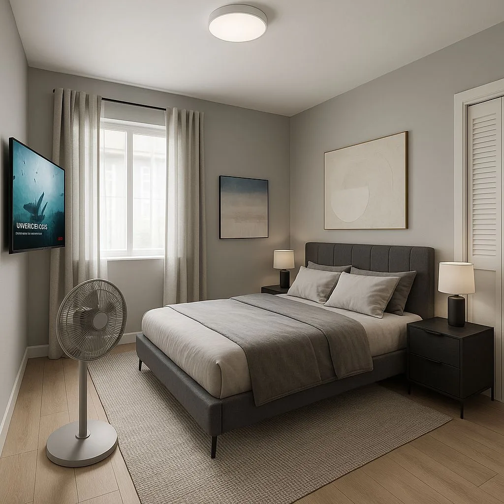 Minimalist modern bedroom with grey upholstered bed, light grey walls, wood floors, black nightstands, sheer curtains, table lamps, photorealistic interior design photography, 8k