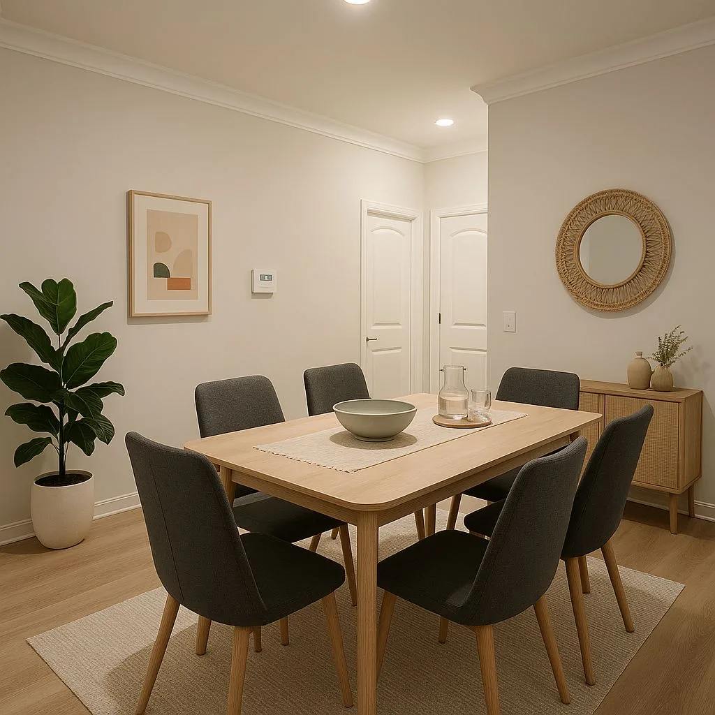 Minimalist dining room with light oak table, gray upholstered chairs, woven rug, rattan mirror, light wood sideboard, photorealistic interior design photography, 8k