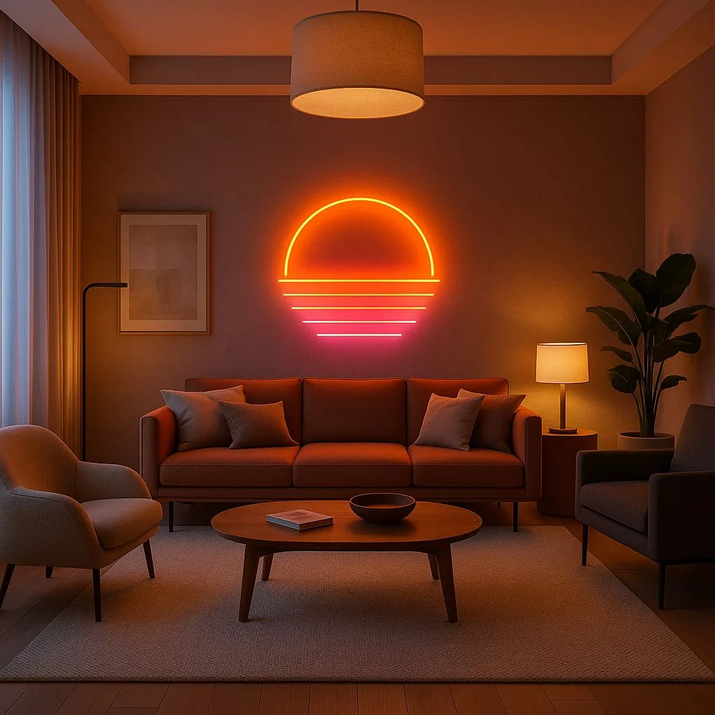 Mid-century modern living room with warm grey walls, brown fabric sofa, round wood coffee table, sunset neon sign, beige rug, photorealistic interior design photography, 8k