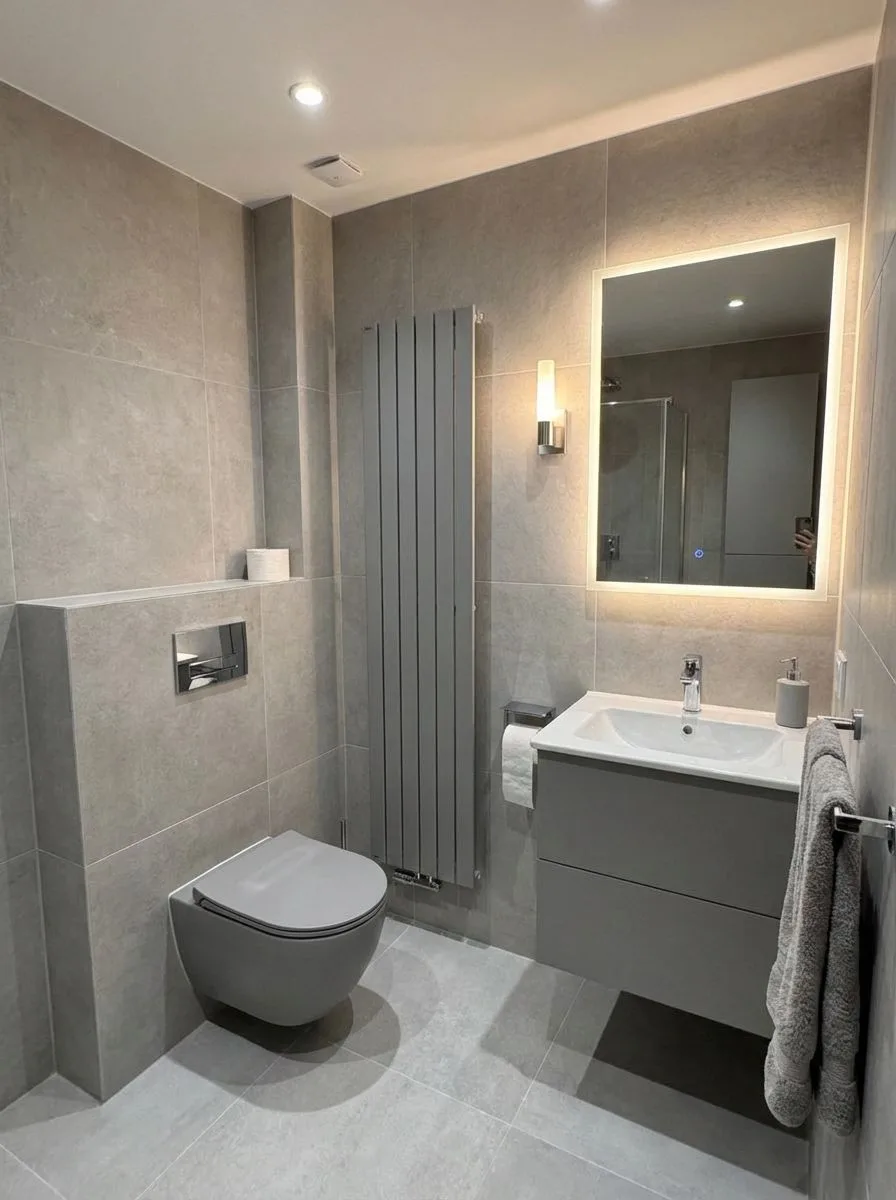 Modern minimalist bathroom with light grey tile, floating grey vanity, wall-mounted toilet, vertical radiator, backlit mirror, photorealistic interior design photography, 8k