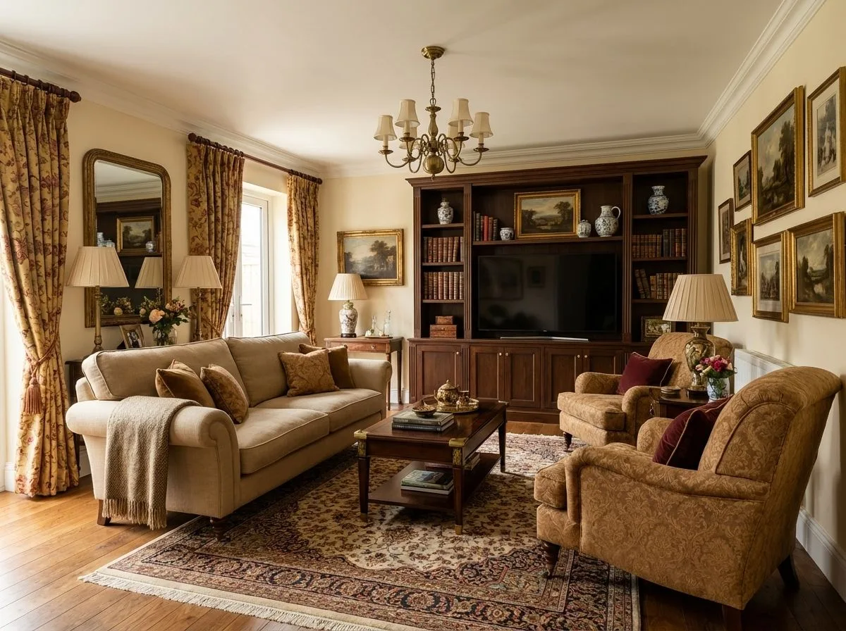 Traditional living room with beige sofa, patterned armchairs, dark wood built-in bookcase, landscape paintings, oriental rug, brass chandelier, photorealistic interior design photography, 8k